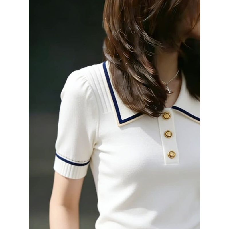 [Thời gian có hạn Seckill] Áo thun ngắn tay dệt kim cổ trắng kiểu Pháp dành cho nữ mùa hè 2026 Plus Size Fat MM Slimer Look Tính khí Áo đẹp