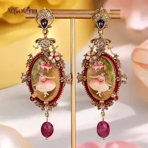 AqToCna Vintage Tranh Sơn Dầu Ba Lê Cô Gái Bông Tai Hoa Ong Cứu Trợ Sang Trọng Khắc Bông Tai Nữ Mặc Hàng Ngày Khiêu Vũ Phụ Kiện Tiệc AqToCna