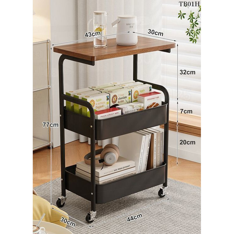 Xe đẩy, Kệ để đồ đa năng bằng kim loại thép carbon có giỏ 3 tầng kèm bánh xe chắc chắn mặt gỗ xịn
