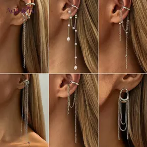 AqToCna 1/2 Chiếc Kẹp Tai Dây Xích Dài Hình Chữ C Không Xỏ Lỗ, Bông Tai Ngọc Trai Dây Xích Cho Nữ Trang Sức AqToCna