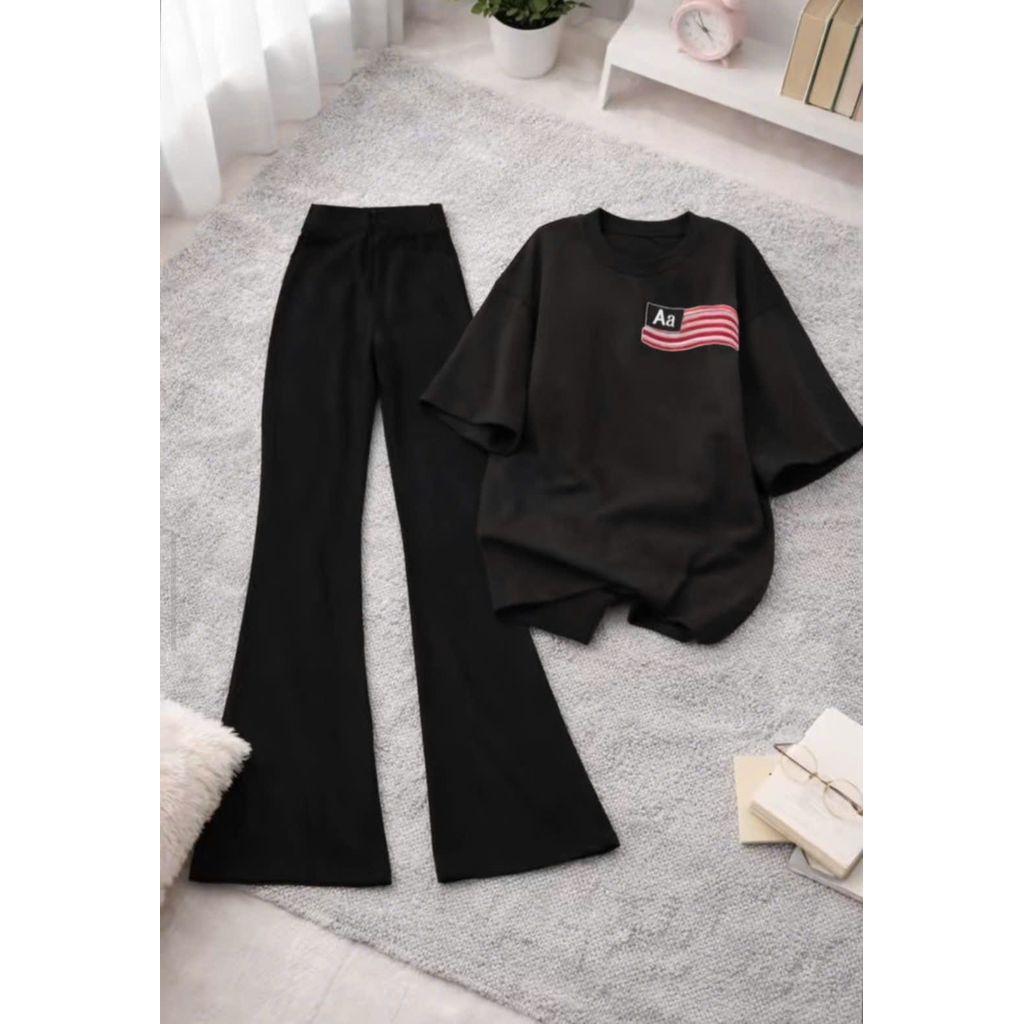 [ MỞ BÁN  ] Bộ quần ống loe dài + và áo phông unisex lá cờ mỹ phongn cách ullzang -thoitrang