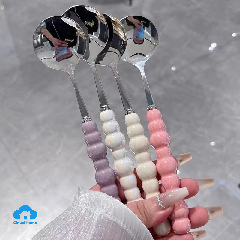🌤️COD🌤️Thìa Inox Ăn Cơm Tay Cầm Ngọc Trai Nhiều Màu, Muỗng Ăn Cháo Súp Inox Không Rỉ,Cao cấp,Loại dày Cán Dài