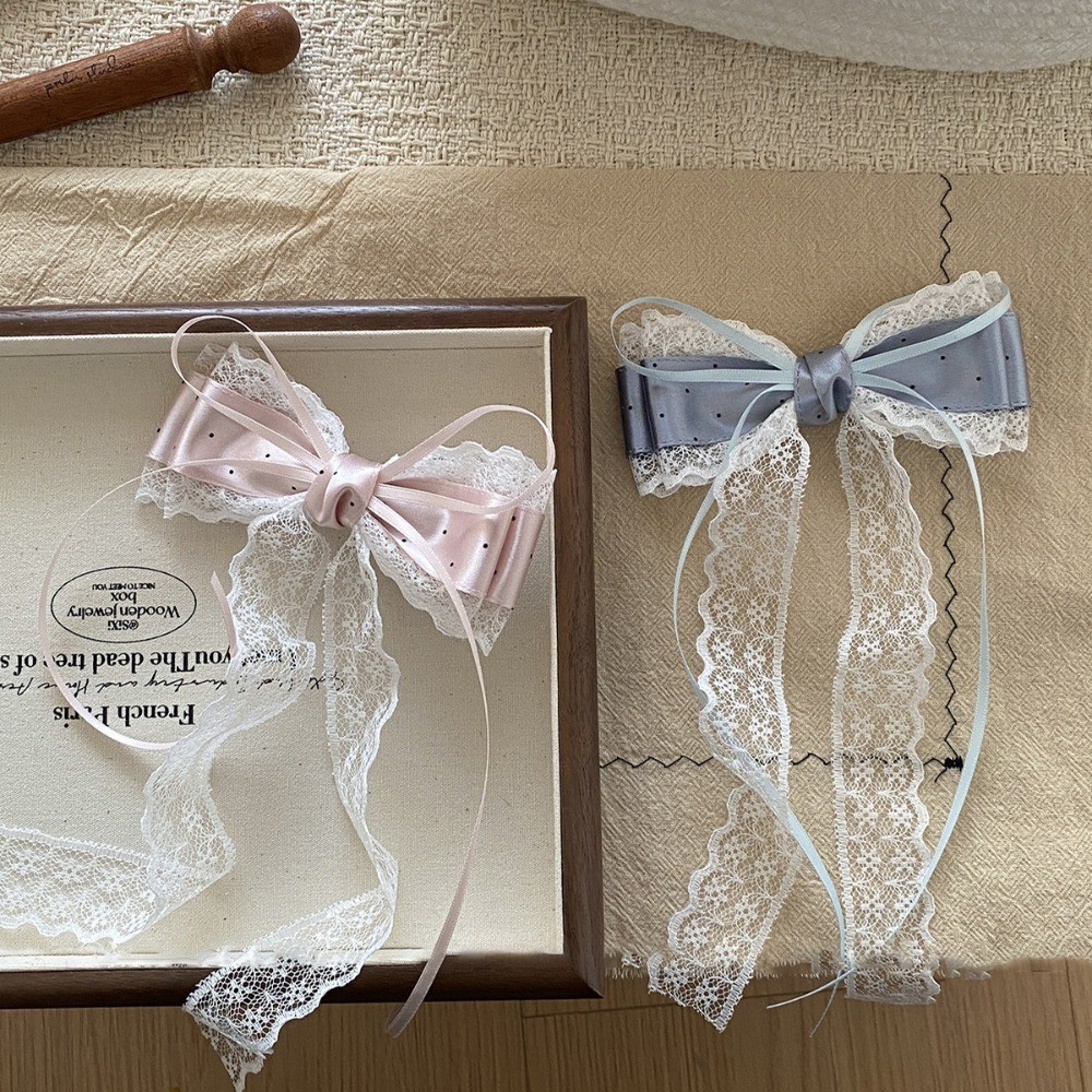 Hululu / Con Gái Sang Trọng Ren Chấm Bi Nơ Tóc Mũ Đội Đầu Satin Ruy Băng Kẹp Tóc Cô Gái Nhẹ Nhàng Mỏ Vịt Kẹp Phụ Kiện Tóc