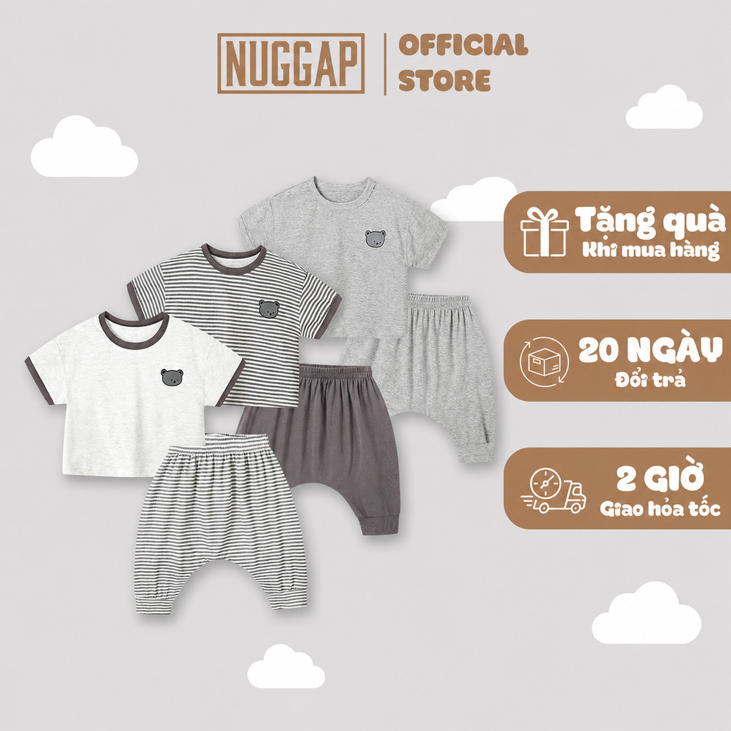 Bộ Quần Áo Trẻ Em Đồ Bộ Bé Trai Bé Gái Áo Thun Tay Ngắn Quần Dài Hình Gấu Kobi Nuggap