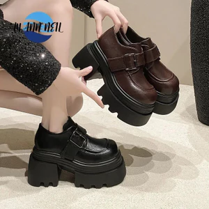 7cm Tăng Chiều Cao Giày Da Nhỏ Nữ Cao Gót Mùa Xuân Phong Cách Mới Nhỏ Đế Dày Phù Hợp Với JK Phong Cách Anh Loafers