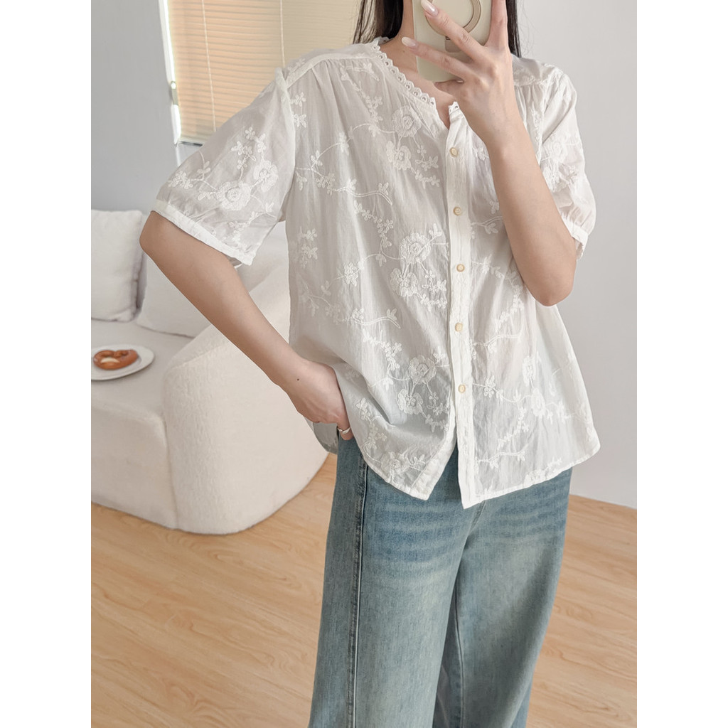 [Sẵn Sàng] Áo Sơ Mi Nữ 100% Sợi Cotton Cao Cấp 2026 Mùa Hè Mới Thêu Jacquard Màu Trơn Áo Sơ Mi Tay Ngắn Rời