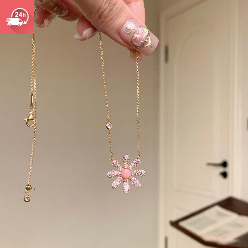 Thời trang khí chất micro dát zircon hồng kim cương hoa cúc mặt Vòng cổ cá tính và đa năng dành cho nữ