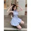 Đầm dây buộc chấm bi màu xanh Pháp dành cho nữ Kỳ nghỉ bên bờ biển mùa hè Hot Girl Váy ngắn Bud eo hẹp