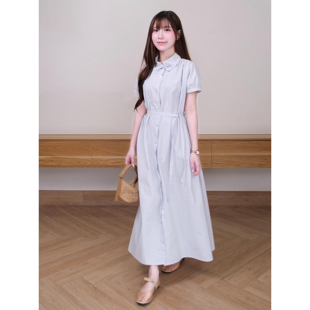 Đầm maxi Chililuu váy maxi dáng dài cổ sen tròn tay phối nơ thanh lịch phong cách Hàn Quốc kèm đai lưng