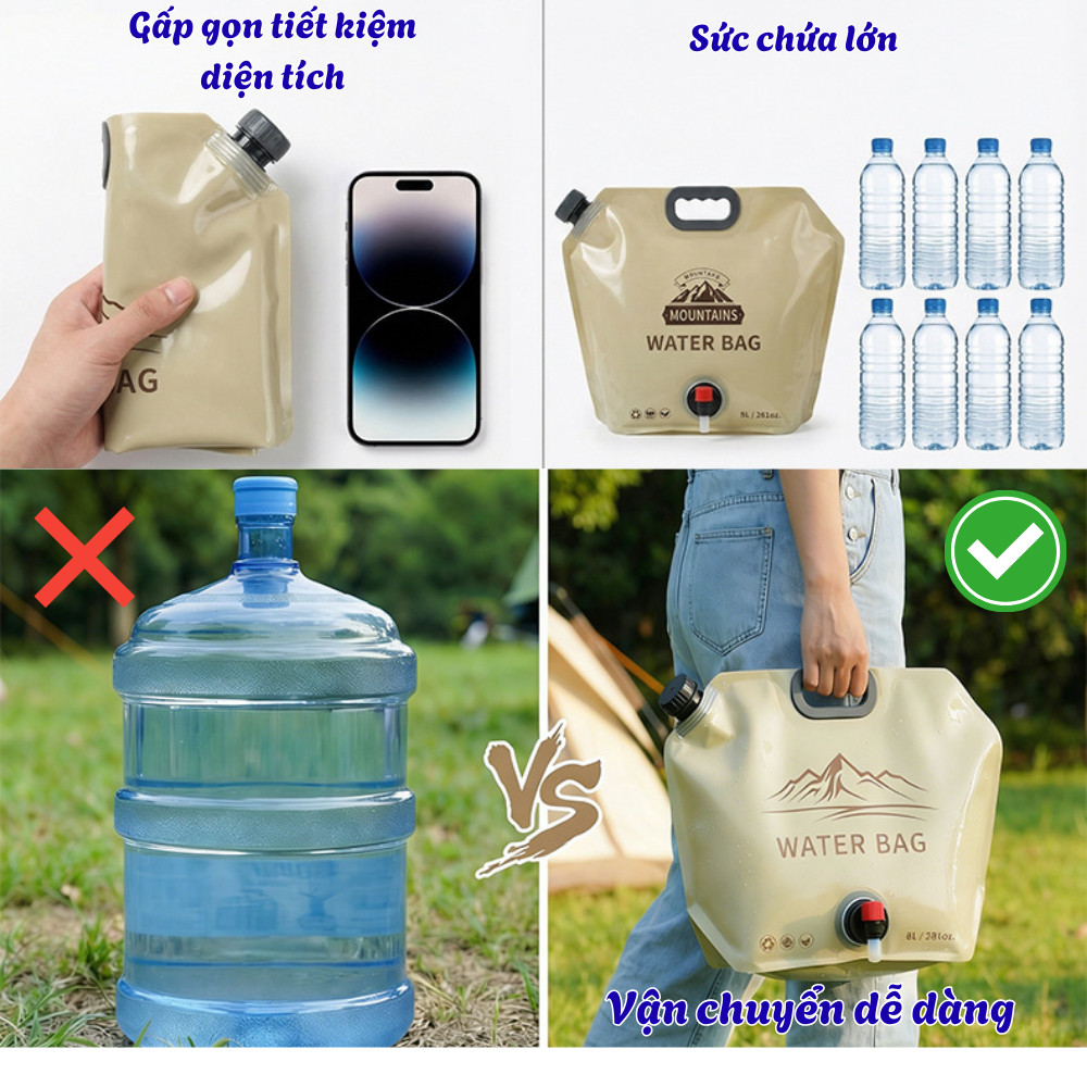 Túi Đựng Nước Du Lịch Gấp Gọn HomeMate 8L – Túi Trữ Nước Picnic Có Vòi Dày 3 Lớp Tiện Mang Dã Ngoại