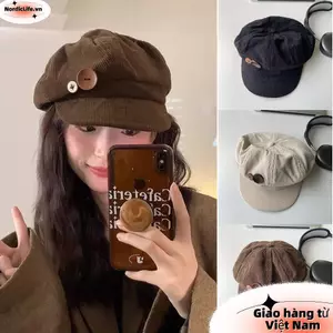 Mũ hình bát giác NORDICLIFE, Mũ bóng chày vải nhung trang trí hai nút chống gió, Mũ nồi cổ điển có thể điều chỉnh giữ ấm cho nữ Cô gái