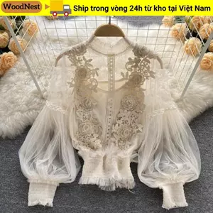 GỖ 2 Cái / bộ Áo Dài Tay, Vintage Ren Puff Crop Top, Mùa Hè Hàn Quốc Giảm Béo Thường Ngày Áo Sơ Mi Nữ Quần Áo Nữ