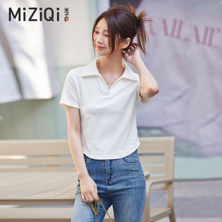 【Nên mua】áo kiểu nữ polo tay ngắn trơn dáng ngắn, cổ V chất cotton mềm, áo thun nữ nhiều màu