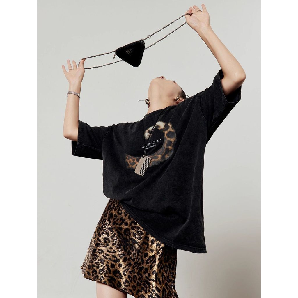 Milyfashion Da Báo In Cổ Tròn Thời Trang Mùa Hè Phong Cách Mới Đen Giữa Tay Áo Thun Thể Thao