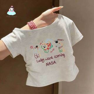 Set bé gái lệch vai mùa hè - Áo in thú vui nhộn + váy tầng xếp lớp phong cách năng động dễ phối