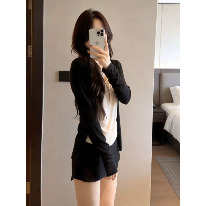 Áo len cardigan kiểu dáng khổng lồ phong cách Hàn Quốc màu đen, phù hợp mùa xuân hè