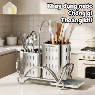 Thép không gỉ 304 Đũa Muỗng Giá Đỡ Ống Kép Khay Thoát Nước Chống Rỉ Nhà Bếp Tổ Chức