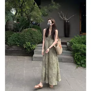 Kích thước cực lớn 150kg béo mm kiểu Pháp Retro Kỳ nghỉ phong cách Đầm đeo chéo nữ Mùa hè mới dáng rộng mỏng hơn Váy dài