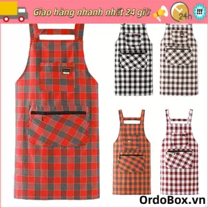 Tạp dề làm việc đầu bếp ORDOBOX, Tạp dề nhà bếp in hình ca rô bằng vải Cotton, Tạp dề nấu ăn có khóa kéo thời trang chống bẩn Vệ sinh gia đình