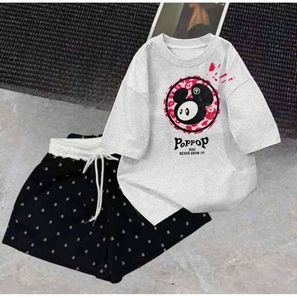 [ MỞ BÁN GIẢM 60% ]sét bộ quần đùi cộc  chữ Aa cạp trắng +mix áo phông POPOP mẫu mới-CHANG3158