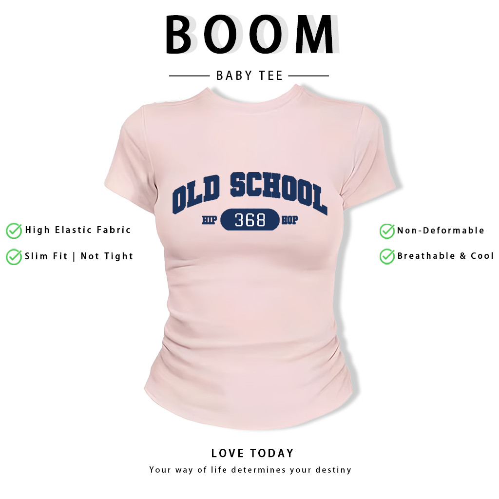 BOOM Áo Baby Tee Nữ Cotton Ôm Body-Áo Thun Ngắn Tay Y2K In Hình PhongCách Mùa Hè, Cổ Tròn Hàng Đầucách hàn quốc phongV24