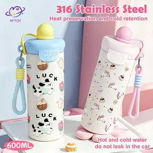 HFTOY Cốc hút chân không hoạt hình di động Dung tích cao có dây nâng Chai cốc bằng thép không gỉ 316 Bình nước cách nhiệt bé trai và bé gái ~