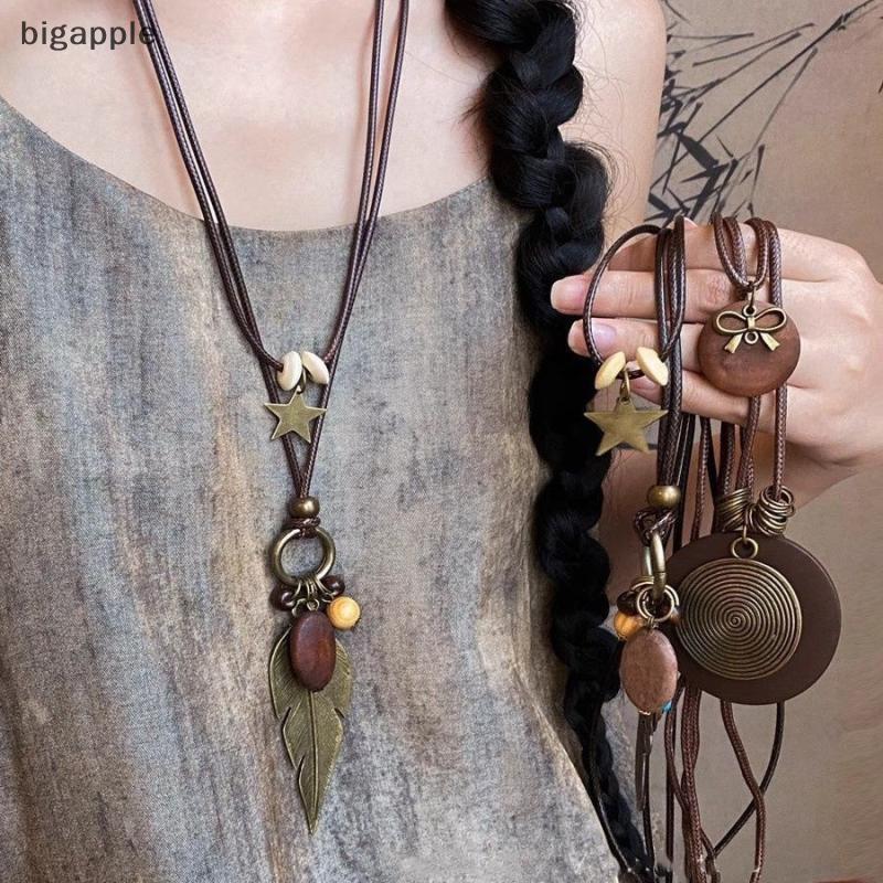 Bigapple Vintage Boho Kim Loại Lông Vũ Mặt Dây Chuyền Ren Nữ Handmade Lớp Trang Sức RDG