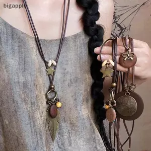 Bigapple Vintage Boho Kim Loại Lông Vũ Mặt Dây Chuyền Ren Nữ Handmade Lớp Trang Sức RDG