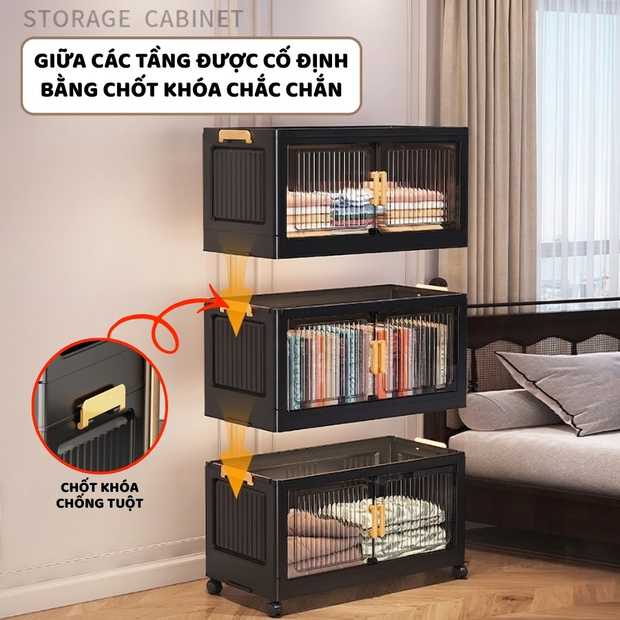 Tủ Nhựa Gấp Gọn ENODA HOME, Tủ Đựng Đồ Đa Năng Màu Trong Đen Hiện Đại Có Bánh Xe Tiện Lợi TUN051