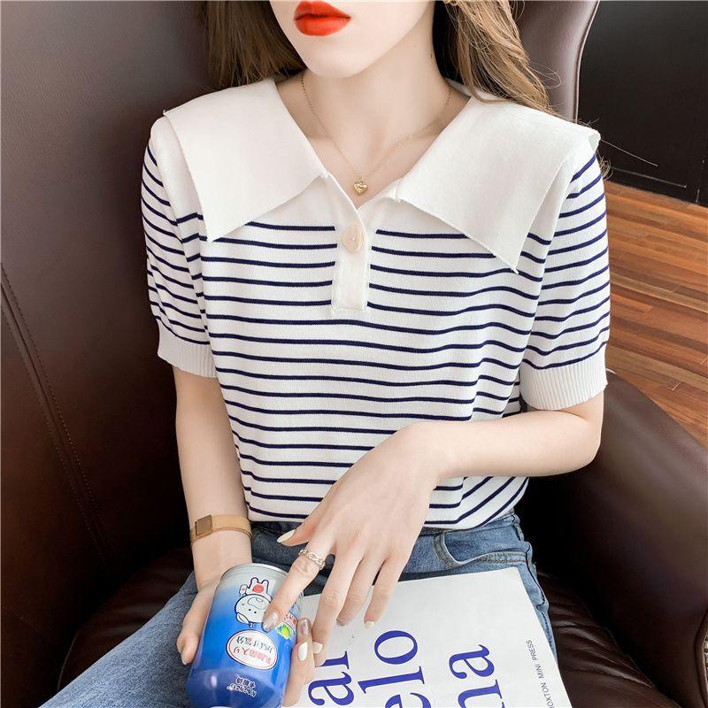 [Thời gian có hạn Seckill] Áo thun ngắn tay bằng lụa băng nữ mùa hè phong cách hải quân polo ve áo len sọc thiết kế rộng rãi Niche Top