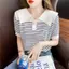 Áo thun ngắn tay bằng lụa băng nữ mùa hè phong cách hải quân polo ve áo len sọc thiết kế rộng rãi Niche Top