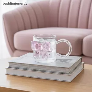 {BUDDI} Cốc thủy tinh nơ lớn màu hồng thanh lịch 400ml Tay cầm nơ lớn Borosilicate chịu nhiệt cho cà phê ăn uống {buddingenergy}