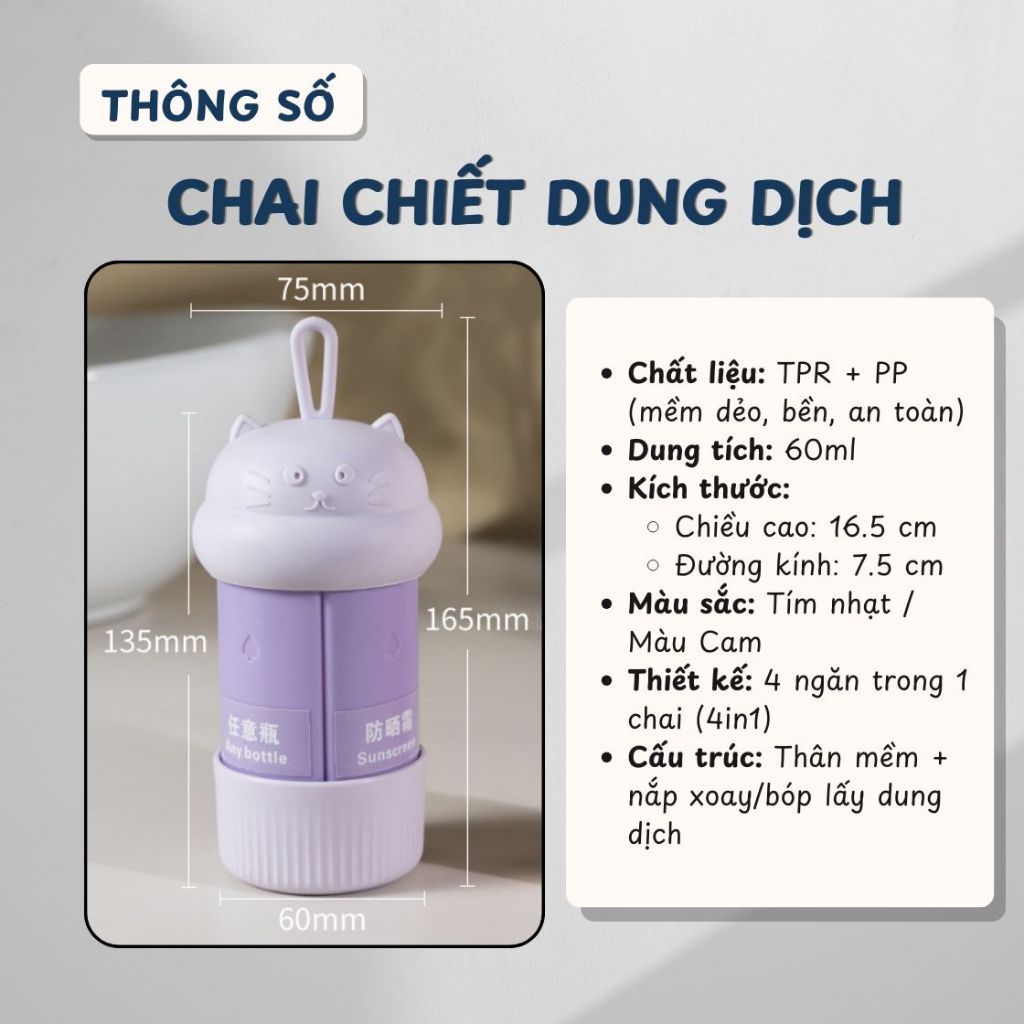 Bộ Chai Chiết Du Lịch 4 Ngăn Mini Dễ Thương, Lọ Đựng Mỹ Phẩm Shampoo Sữa Tắm Tiện Dụng