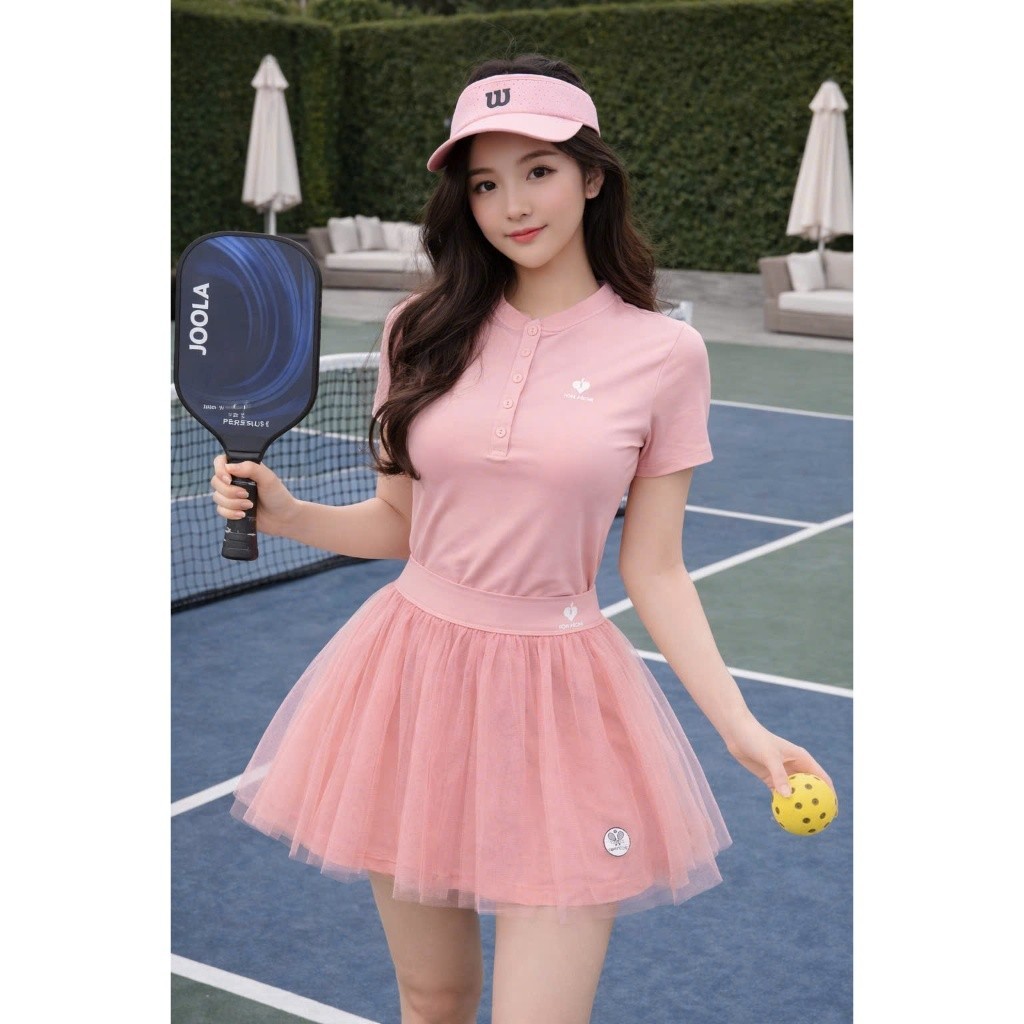 [Pickleball 26.QC1] Bộ tập Pickleball nữ,Áo cổ cúc mix Chân Váy Phối Voan Lưới Có Quần Bảo Bộ, Váy Tennis, Pickleball,..