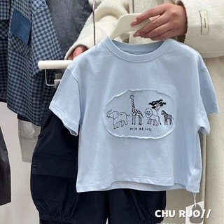 Mùa Hè Phong Cách Mới Cotton Nguyên Chất Miếng Dán Voi In Áo Thun Ngắn Tay Bé Trai Hươu Cao Cổ In Nửa Tay Top Bé Gái Sư Tử Ngựa Vằn In Đáy
