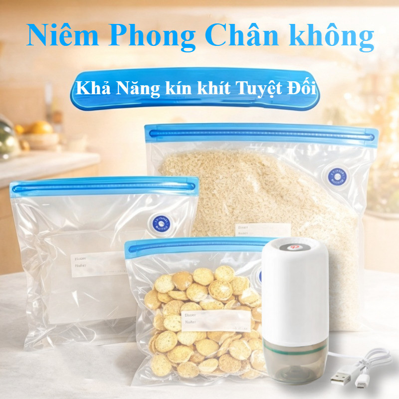Túi Hút Chân Không đựng Thực Phẩm Dày+Máy Hút Chân Không Mini, PA+PE, BPA Free, đựng Thực Phẩm, Rau Củ, Thịt Cá