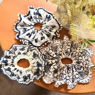 Kovoi Scrunchy Dây Buộc Tóc Cao Cấp Màu Xanh Thêu Hoa, Phong Cách Dân Tộc Mới Lạ