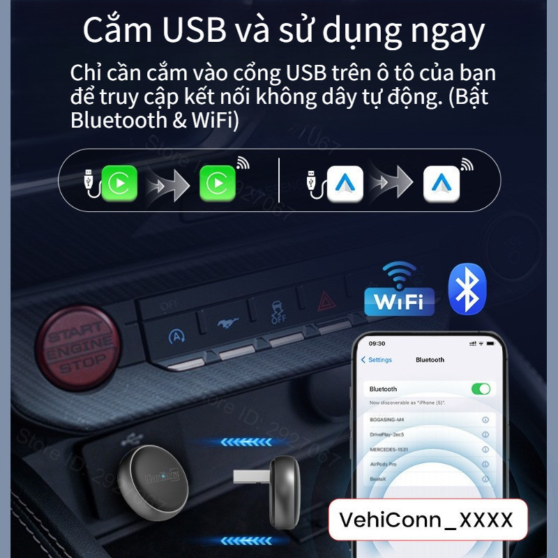 Bộ Chuyển Đổi Không Dây CarPlay & Android Auto Mini Ultra 3 – OTA, BT5.4, WiFi 5.8, Nâng Cấp Xe Hơi