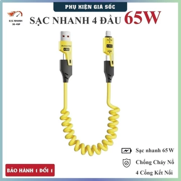 Dây Sạc Nhanh 4 Đầu (Dài 1.5m) 65W. Cáp sạc lò xo 4 trong 1 đầu cáp kim loại. Cáp sạc điện thoại, Dây sạc 4 in 1 .!