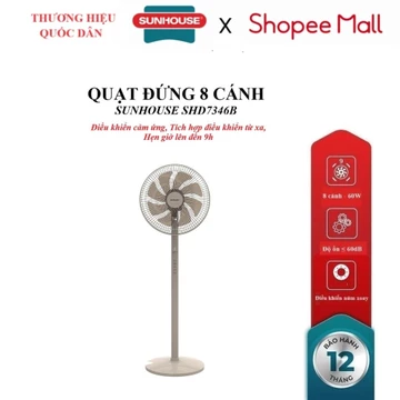 QUẠT ĐỨNG SUNHOUSE 8 CÁNH SHD7346B, Điều khiển cảm ứng, Tích hợp điều khiển từ xa, 3 chế độ gió, Hẹn giờ lên đến 9h