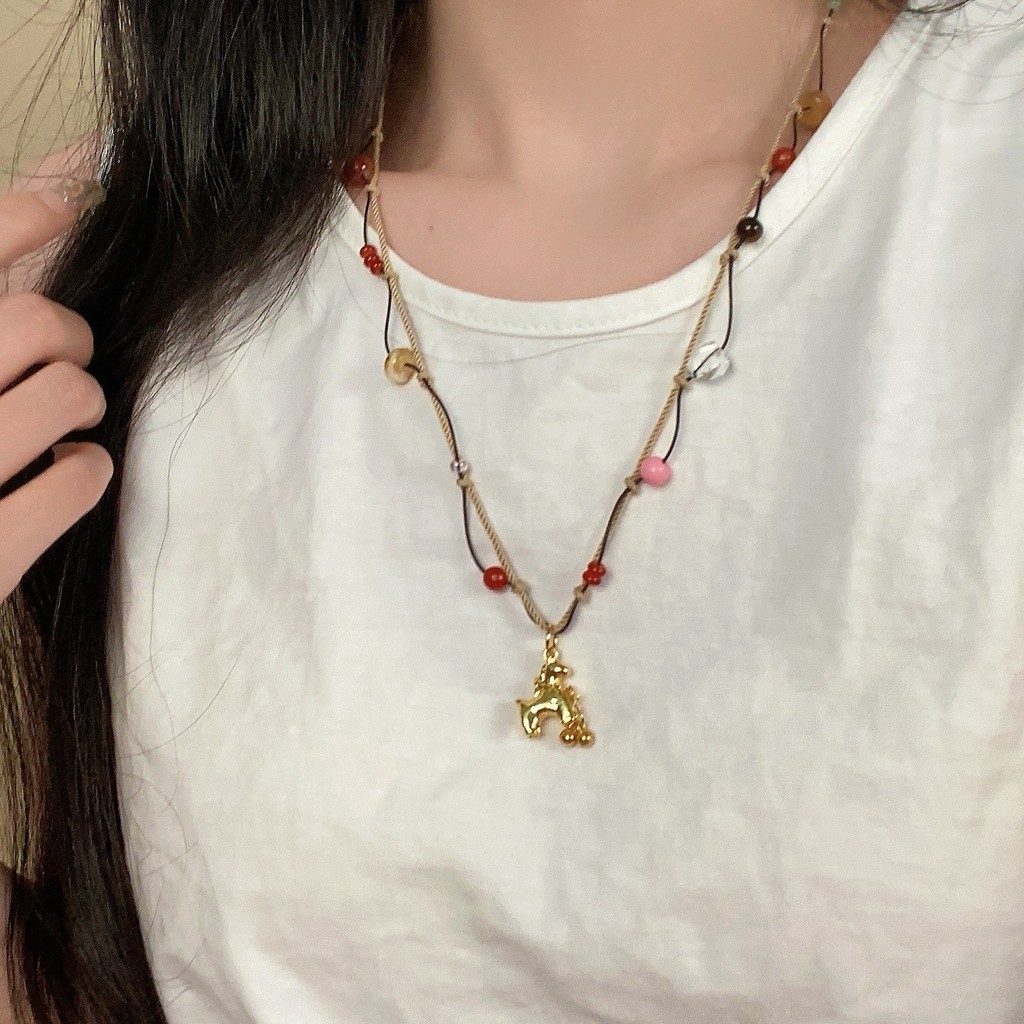 Mới Phong Cách Trung Quốc Hai Lớp Bện Đính Hạt Vòng Cổ Nữ Retro Pony Mặt Dây Chuyền Xương Đòn Dây Chuyền Benming Năm Phù Hợp Với Phụ Kiện Phong Cách Trung Hoa
