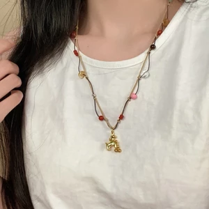 Mới Phong Cách Trung Quốc Hai Lớp Bện Đính Hạt Vòng Cổ Nữ Retro Pony Mặt Dây Chuyền Xương Đòn Dây Chuyền Benming Năm Phù Hợp Với Phụ Kiện Phong Cách Trung Hoa