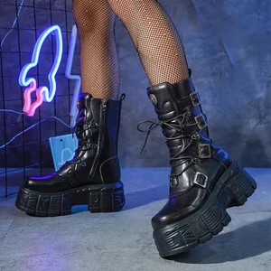 Punk Giày Cyber Rock Martin Giày Nữ Phong Cách Mới Kim Loại Punk Xe Tăng Xe Máy Tăng Cường Dày Đế Nóng Cô Gái Ren Giữa Ống Tối