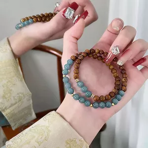 Phong Cách Mới Quả óc chó Đính Hạt Vòng Tay Tối Giản Nước Xanh Tròn Hạt Đôi Vòng Lắc Tay Niche Trang Sức Thời Trang