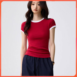tông màu túi cạnh ngắn tay áo T-shirt cho phụ nữ mùa hè mới mỏng hàng đầu vòng cổ nhiều màu sắc