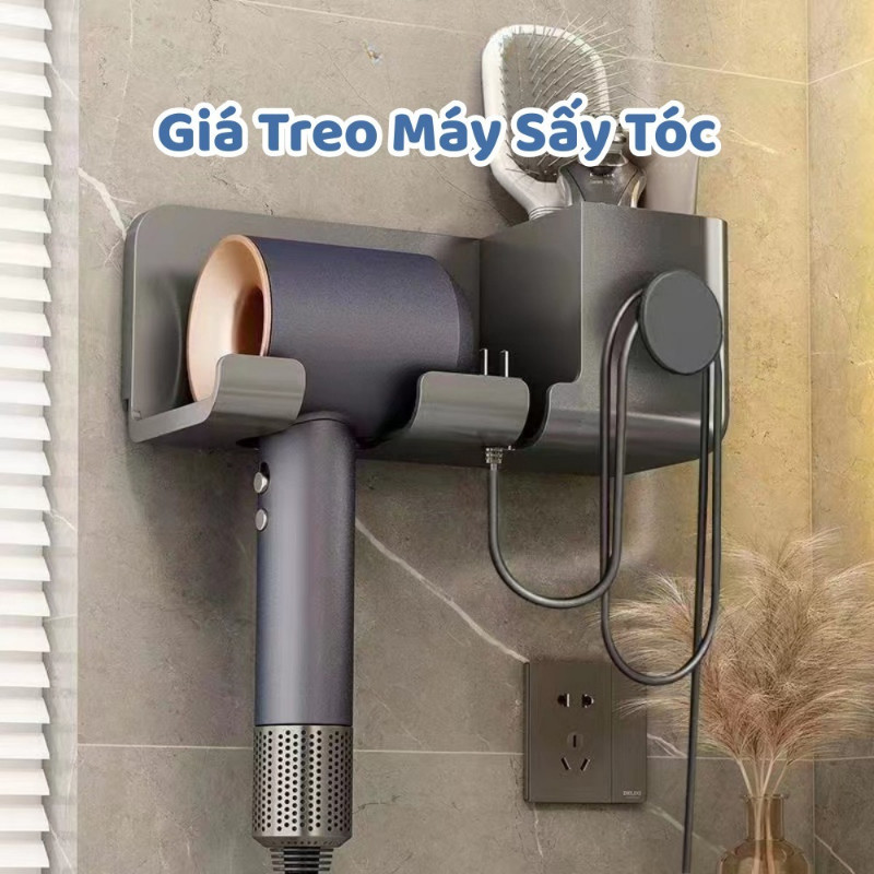 Giá Treo Máy Sấy Tóc Dán Tường Nhà Tắm Dino, Kệ Đựng Máy Sấy Kèm Cốc Đựng Lược, Dao Cạo Râu