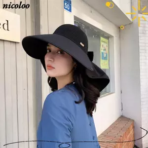 Mũ chống nắng mùa hè NICOLOO, Mũ ngư dân vành rộng chống tia cực tím, Màu trơn rỗng có khăn choàng có thể tháo rời Tấm che nắng đi biển du lịch