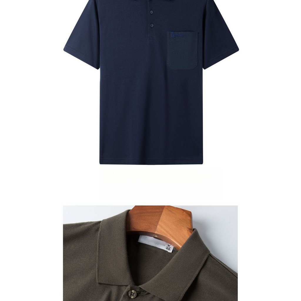 Áo thun ngắn tay cotton nguyên chất mùa hè dành cho nam, áo polo dành cho nam trung niên và người già, dáng rộng vừa vặn với cổ áo và túi EJ2K