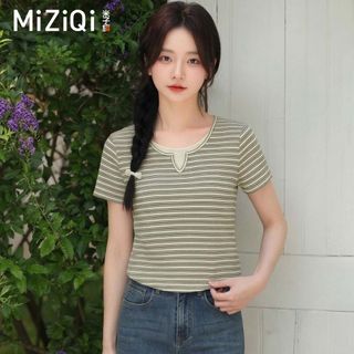 【MIZIQI】Áo thun ngắn tay sọc ngang dành cho nữ, áo hai dây ngắn tay giả dáng rộng