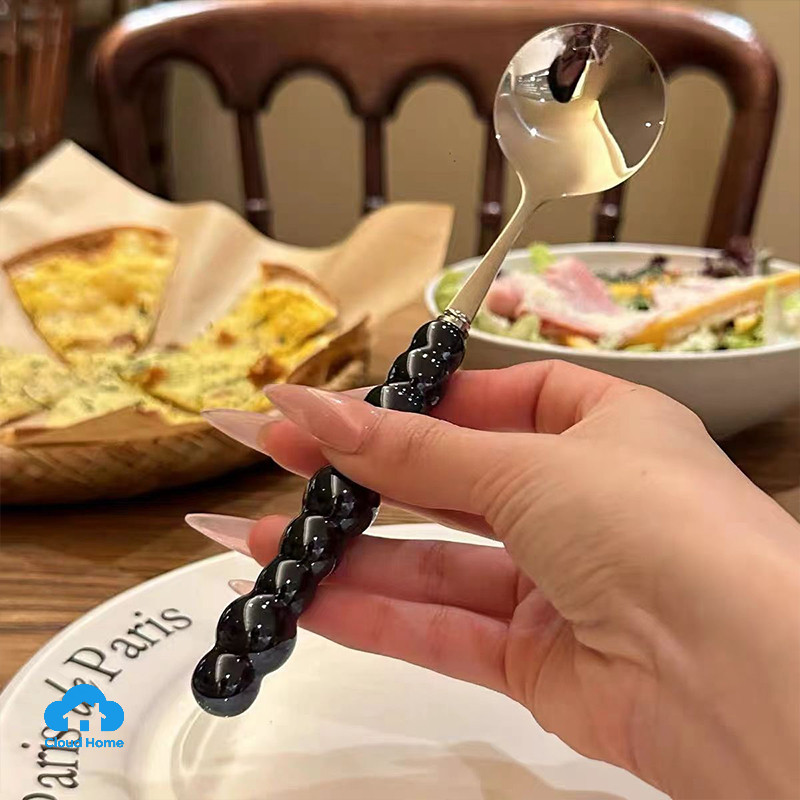 🌤️COD🌤️Thìa Inox Ăn Cơm Tay Cầm Ngọc Trai Nhiều Màu, Muỗng Ăn Cháo Súp Inox Không Rỉ,Cao cấp,Loại dày Cán Dài